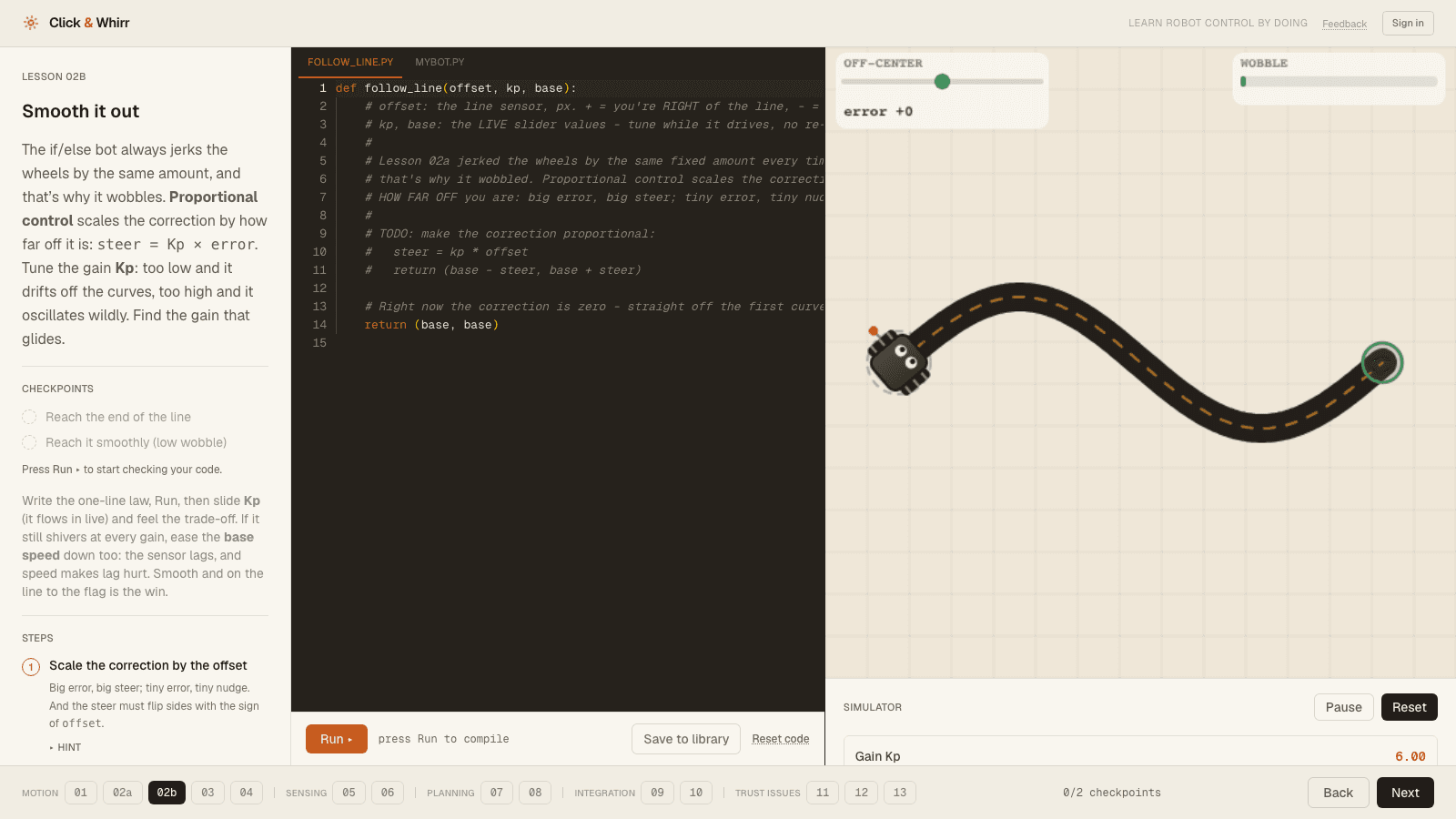 Click & Whirr lesson workspace with a Python code editor beside a simulated robot following a curved line